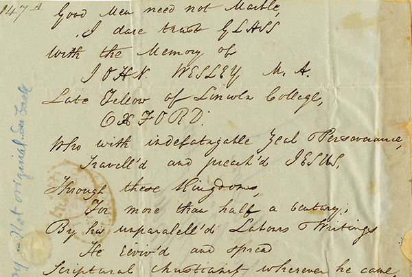 1834 copy by Joseph Fowler of September 18, 1792 epitaph of John Wesely by Adam Clarke