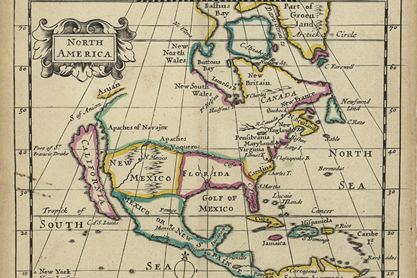	Map showing the states and territories of North America as of 1685.
