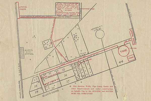 	Map showing wells, pipe lines, tanks and other features being constructed at Spindletop by the Success and Silver Dime Oil Companies.