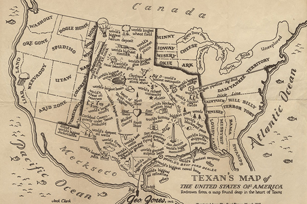 Humorous pictorial map showing Texas as occupying about a third of the area of the United States, with comic place names and various ''bests'' referring to Texan locations.