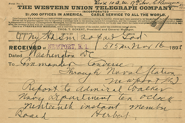 [Telegraph to George Converse from Hilary Herbert]