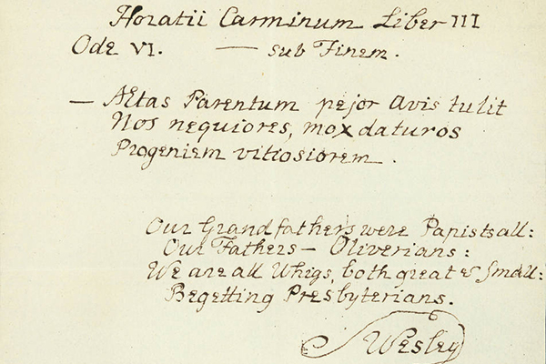 [Four-line poem by Samuel Wesley: ''Our grandfathers were papists all,'' 1827 November 5]