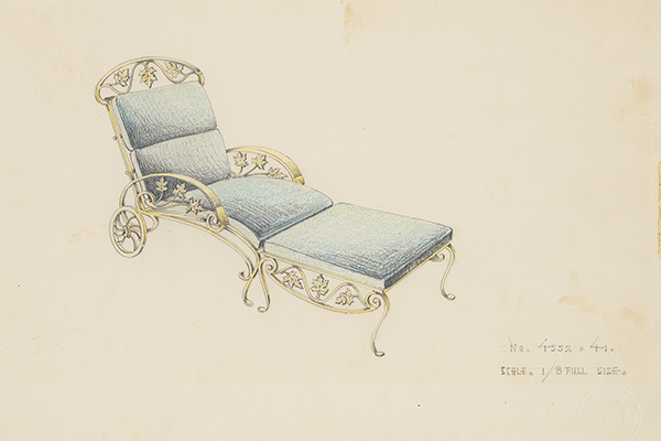 [Patio Chair and Footstool with Cushions, Maple Leaf Motif, and Scrollwork Accents]