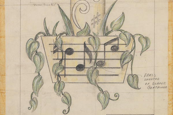 [Brass Wall Pocket Bracket with Musical Note Accents and Copper Plant Container]