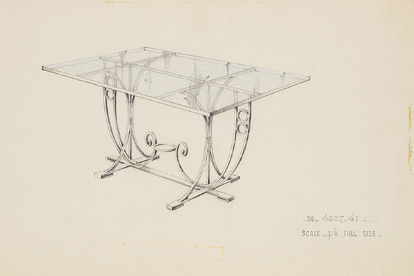 [Rectangular Glass-Topped Patio Table in the Art Deco Style with Circle Accents]