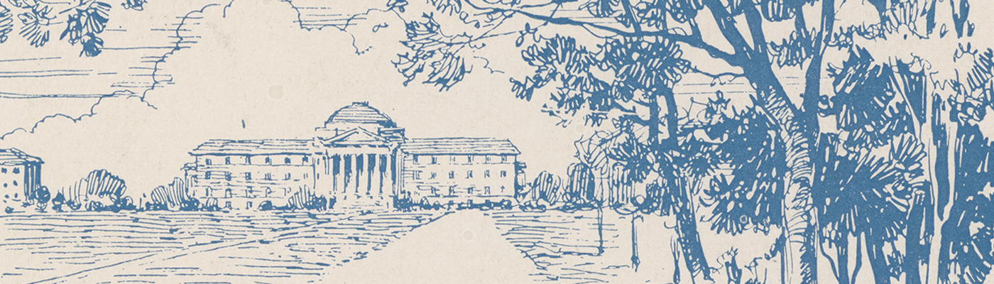 [Blue and White Illustration of Dallas Hall at SMU]