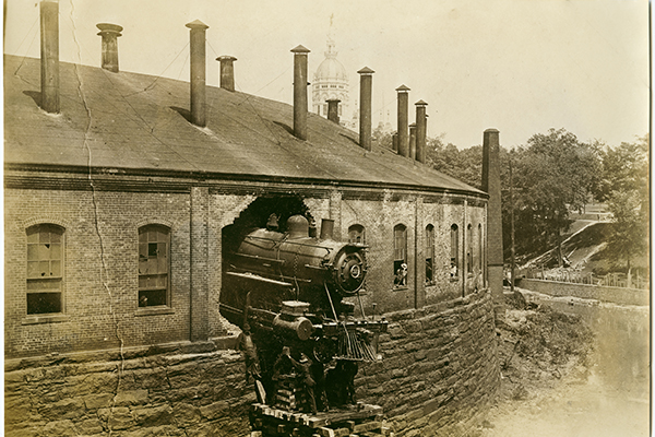 [New York, New Haven and Hartford Locomotive No. 321 crash through roundhouse]