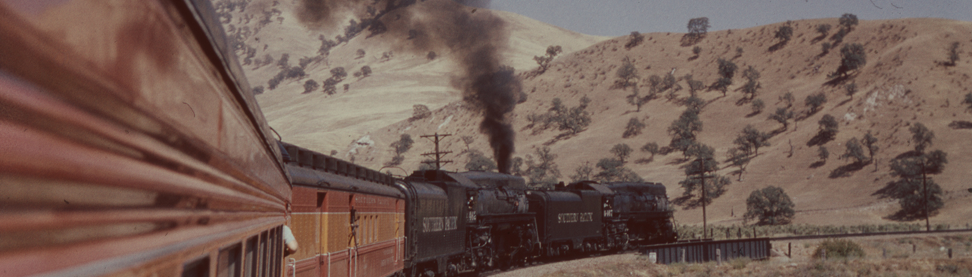 Window's eye view of the San Joaquin Daylight climbing the Tehachapi Mts. in Cal.