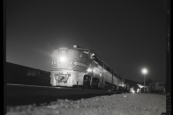 Santa Fe No. 56 pauses at the Mojave Depot on its eastward run