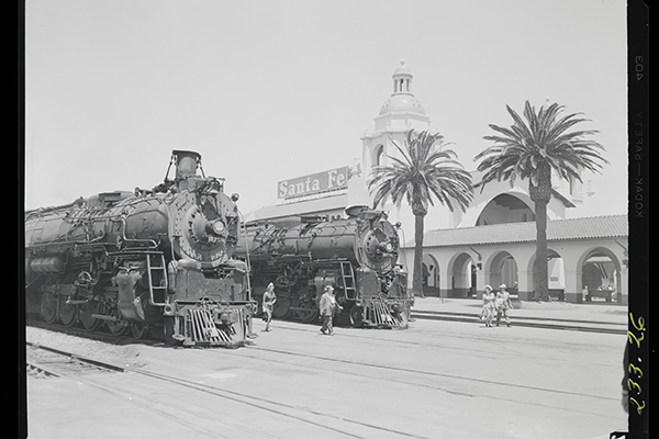 2 Santa Fe No. 3758, 3759 4-8-4 wait at Santa Fe San Diego Station