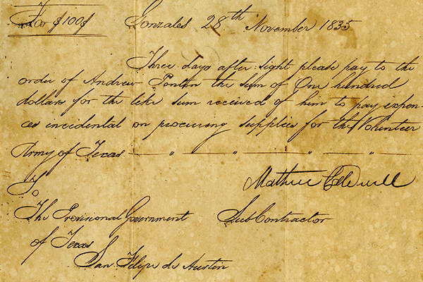 Provisional Government of Texas $100.00 (one hundred dollars) audited draft