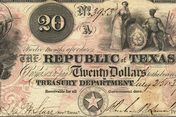 Republic of Texas $20.00 (twenty dollars) ''Redback'' note
