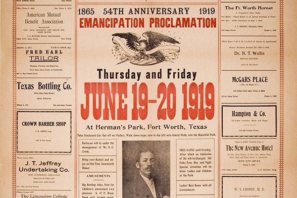 54th anniversary Emancipation Proclamation, 1865-1919, Thursday and Friday, June 19-20, 1919 at Herman's Park, Fort Worth, Texas