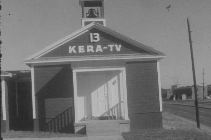 Black and white film still of KERA-TV building