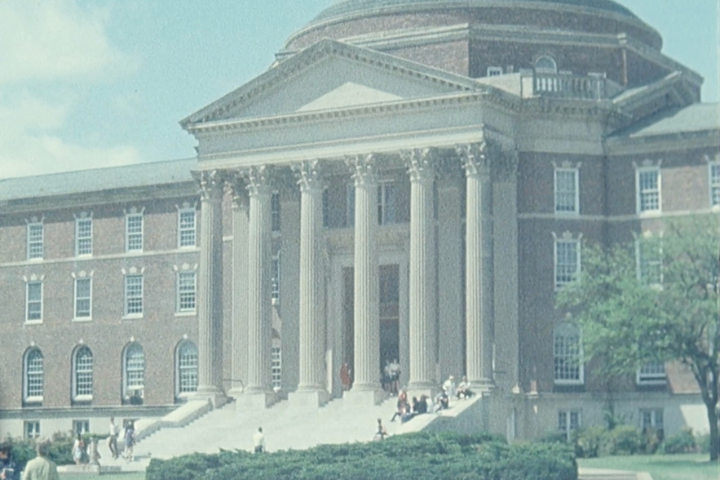 Film still of Dallas Hall at SMU