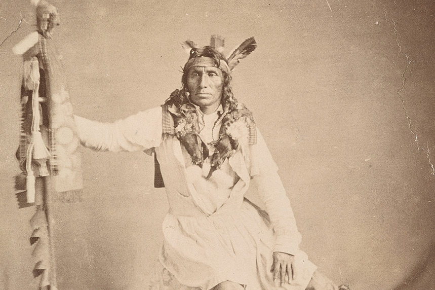 Salt print of photograph of Little Crow, or The Hawk Who Hunts Walking, taken during the Udewakanton Sioux delegate’s visit to Washington D.C. in 1858.