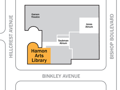 map showing the Owen Arts Center building with Hamon Arts Library and hallways highlighted
