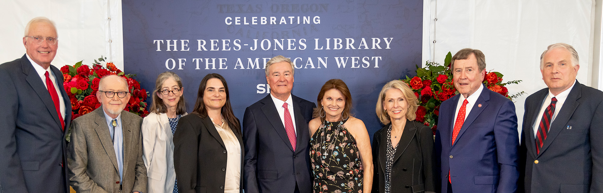 group photo of: David B. Miller '72, '73, Rick Stewart, Murfy Stewart, Dean Holly Jeffcoat, Trevor Rees-Jones '78, Jan Rees-Jones, Gail Turner, President R. Gerald Turner, Russell L. Martin III 