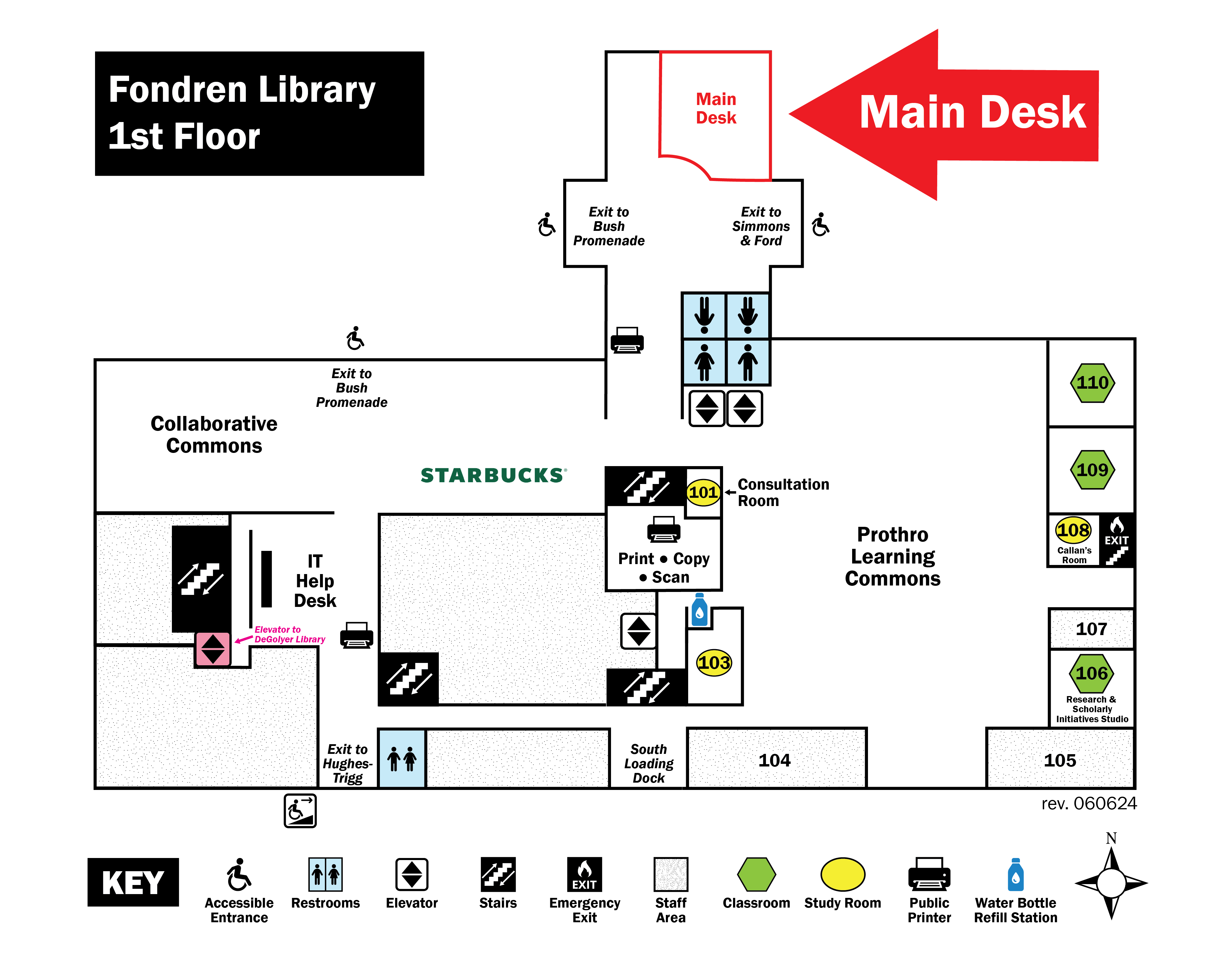 Fondren Library first floor map highlighting Main Desk