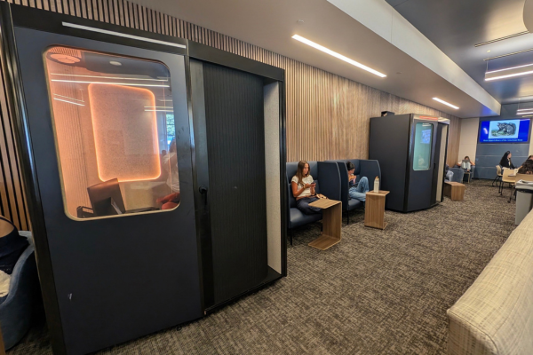 two single-user study pods in the Fondren Library commons