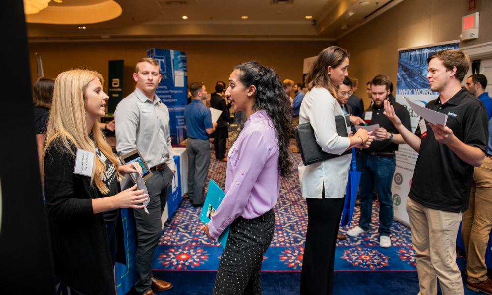 SMU Lyle School of Engineering students connect with prospective employers at the career development center.