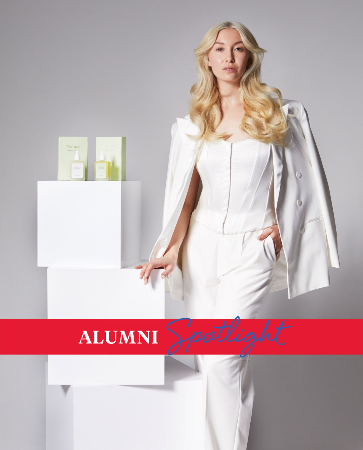 Helena Oseguera Abrahamsson stands with products from her Plantea skincare line.