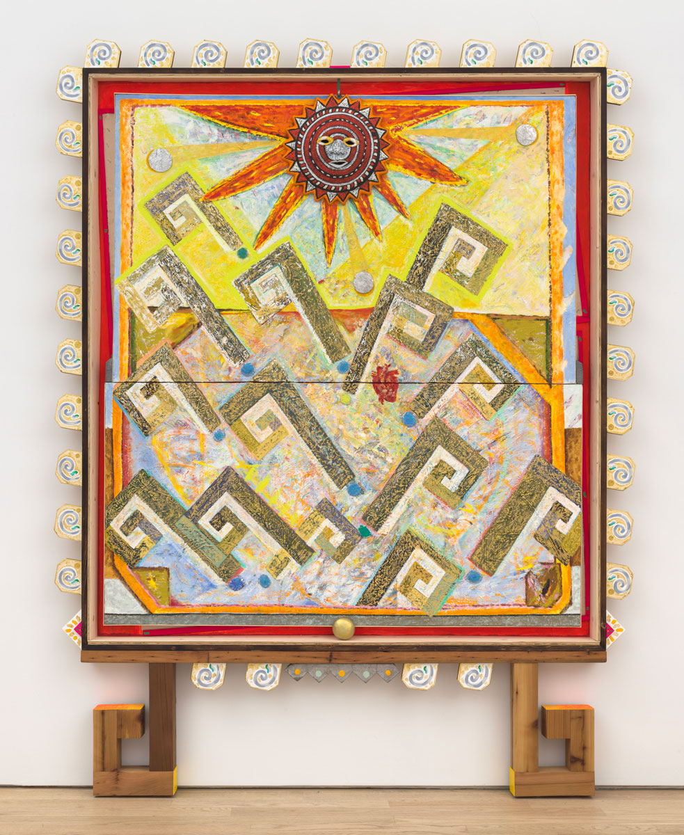 Daniel Rios Rodriguez ; The Future , 2022 - 23; oil, acrylic, wood, foil, rope, terracotta, cement , wire on canvas; 94 x 73 x 3.75 i n,; Courtesy of the Artist and Nicelle Beauchene Gallery, N ew York, NY.