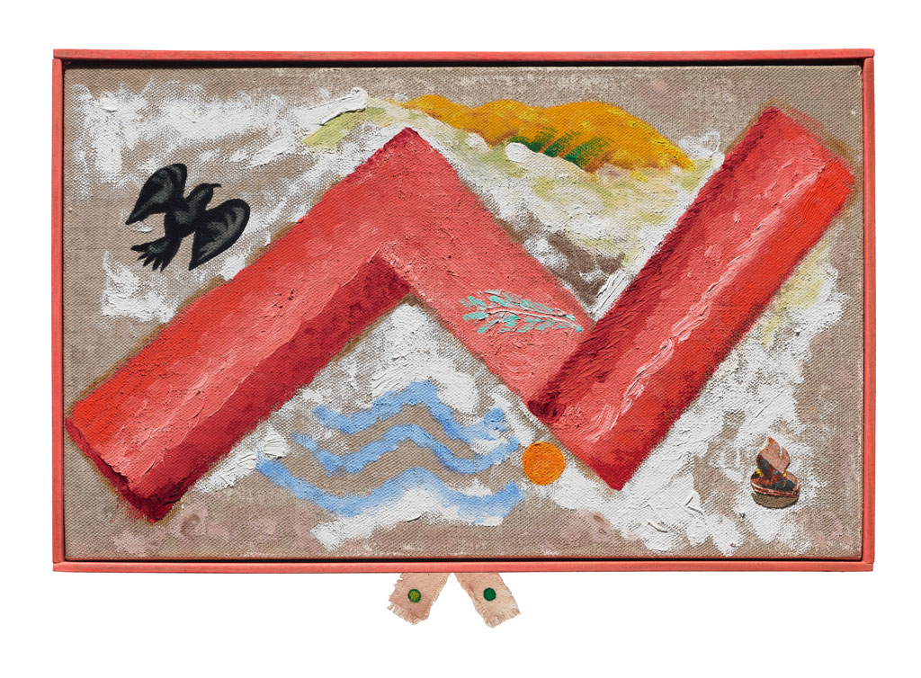 Daniel Rios Rodri g uez ; begin , ag a in , begin , 2011 - 2025; oil on linen, canvas, wood and nails; 11 x 16 5/8 x 1 1/4 in ; Courtesy of the Artist and Seven Sisters Gallery, Houston , TX ; Paul Hester, photographer.