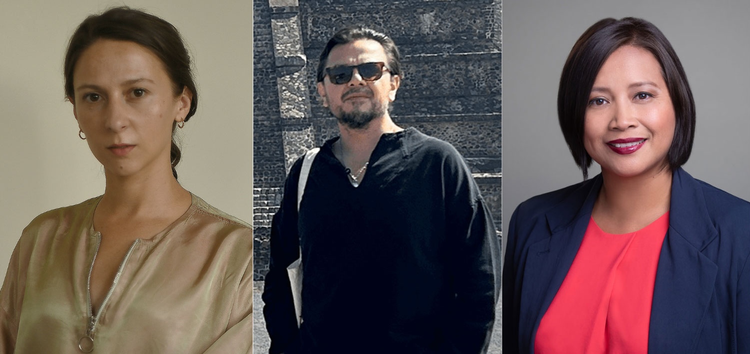 Headshots of new Meadows faculty Martha Poggioli, Daniel Rios Rodriguez, and Kristina Vera-Phillips