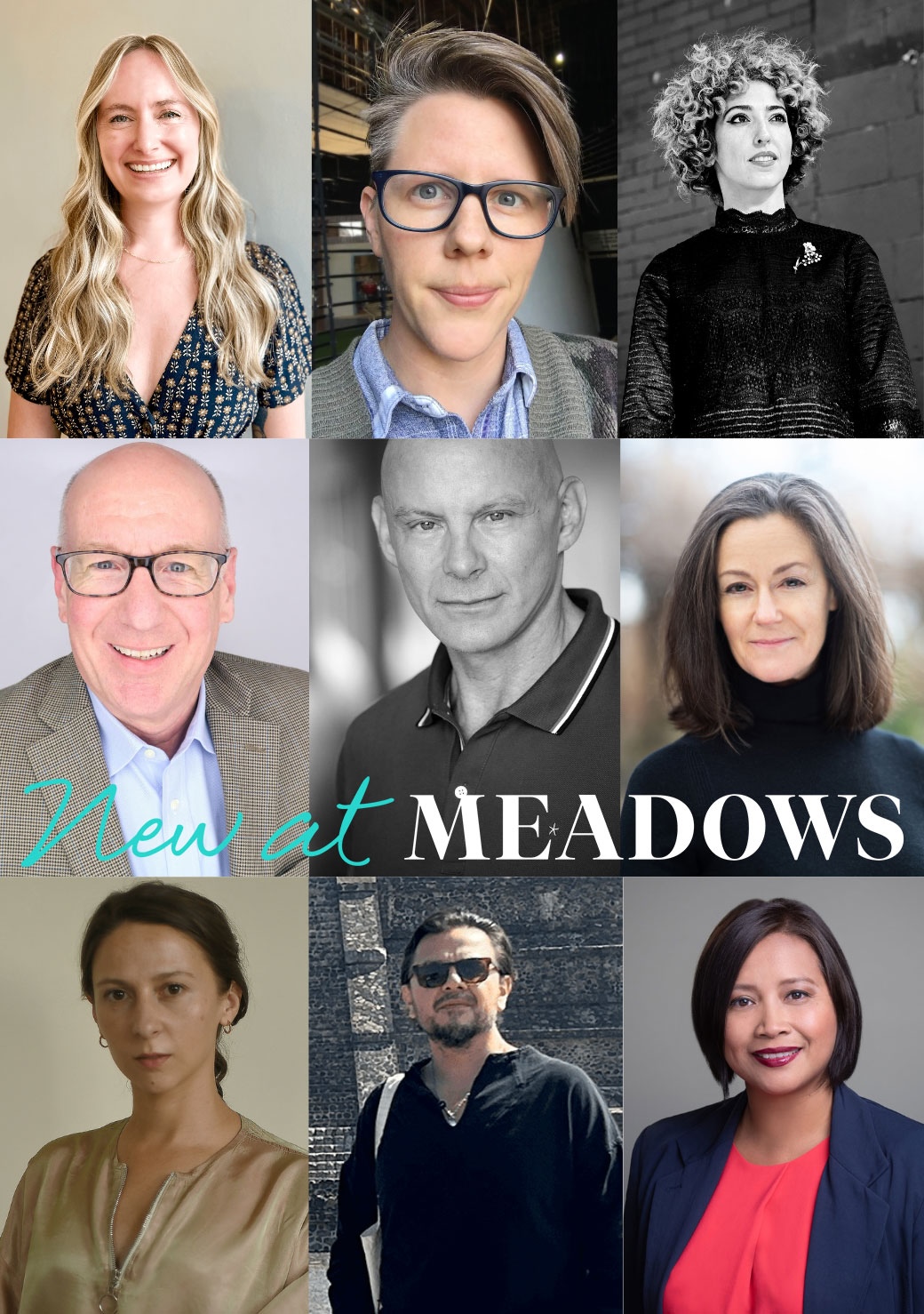 Headshots of the nine new full-time faculty members at Meadows School of the Arts