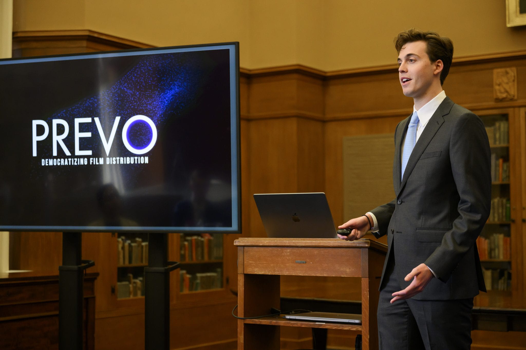 Film alum Ryder McNeal pitches at the SMU Big iDeas Business Plan competition for his company PREVO.