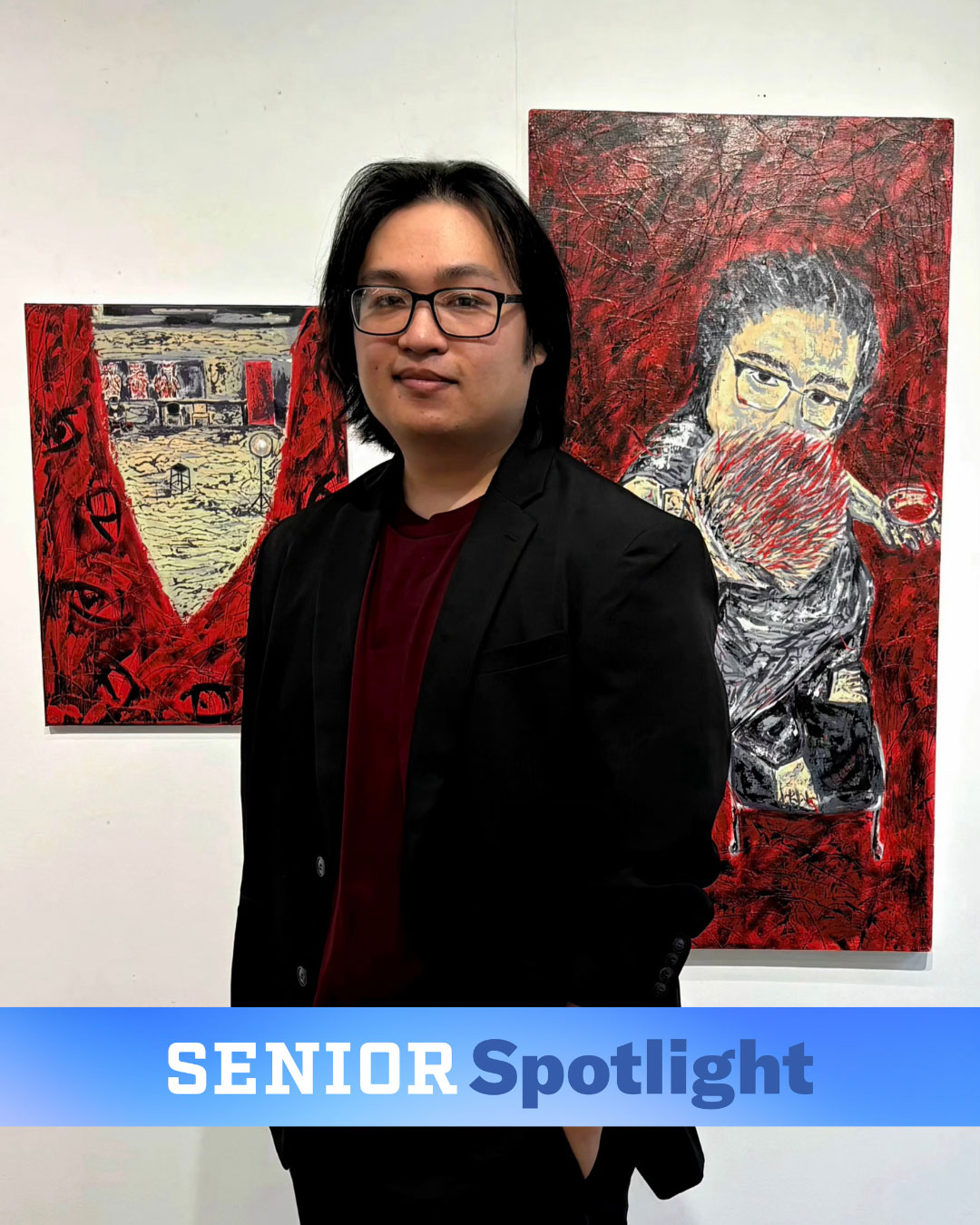 Photo of art student Naw Nhkum posing in front of artwork