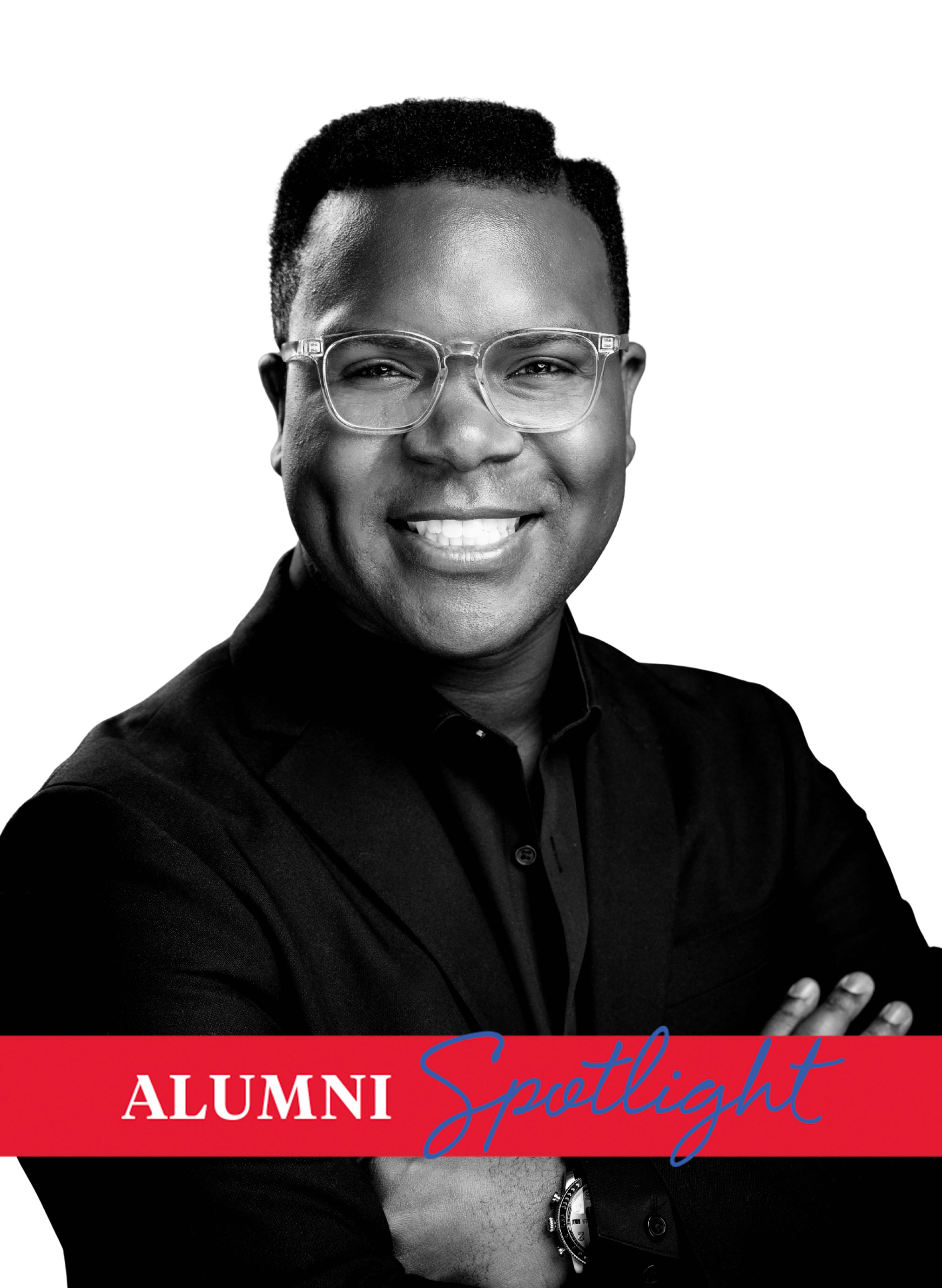 Black and white photo of CCPA alum Darian Taylor in a black shirt with his arms crossed