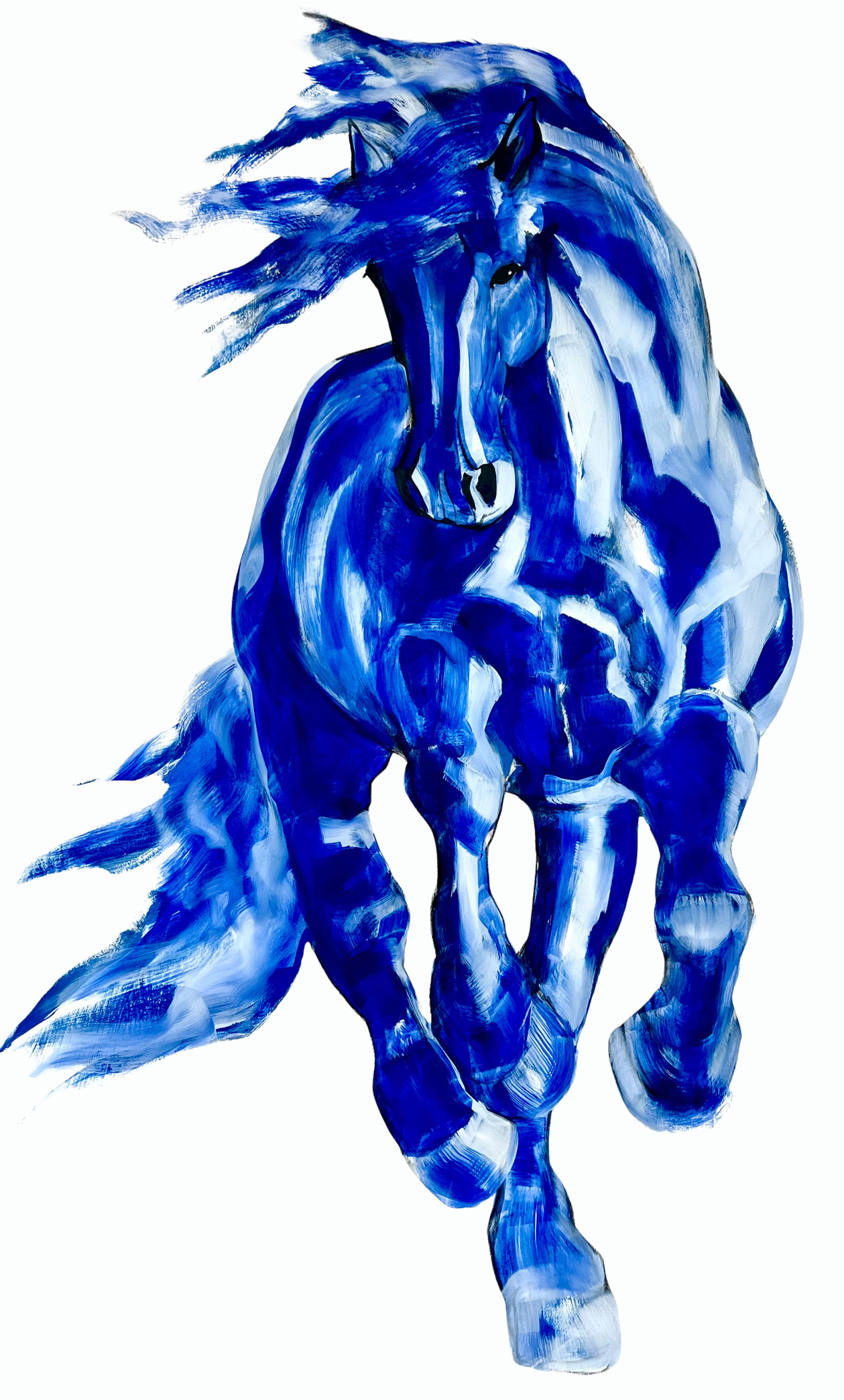 Painting of a blue horse in motion by Meadows Division of Art alum Mel Auberty