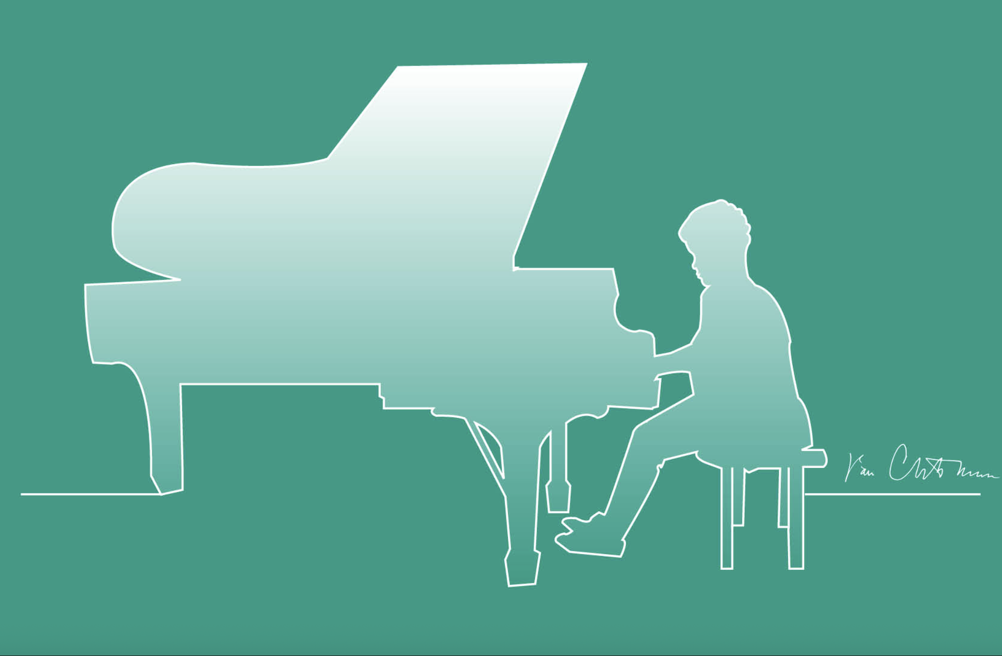 teal background with outline of a white piano and piano player