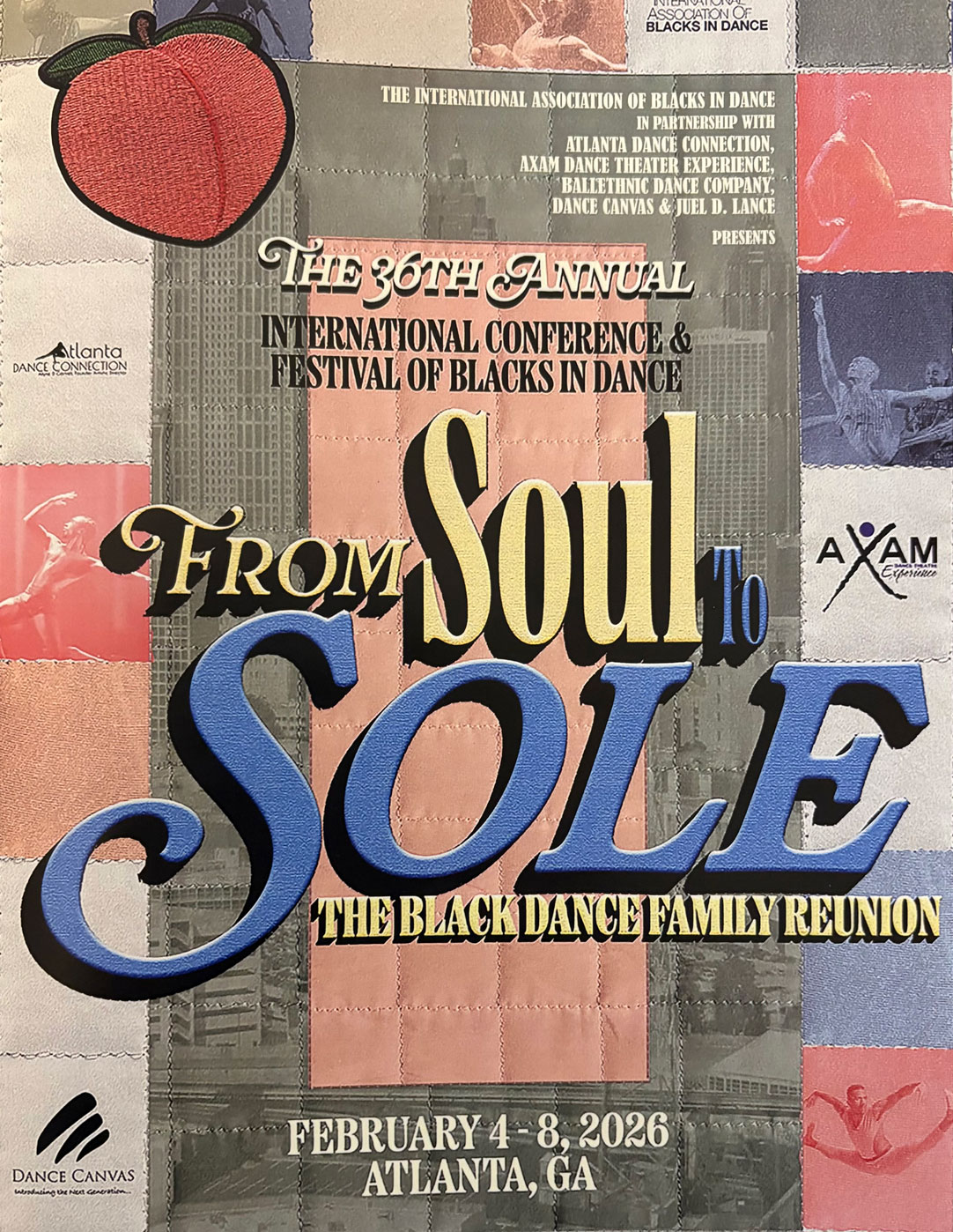 colorful patchwork quilt design displaying the words "from soul to sole" the title of the conference