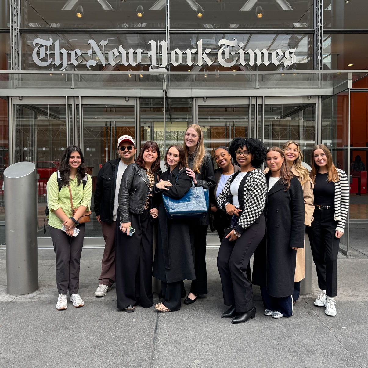 SMU Journalism students gather in front of The New York Times building in New York City.