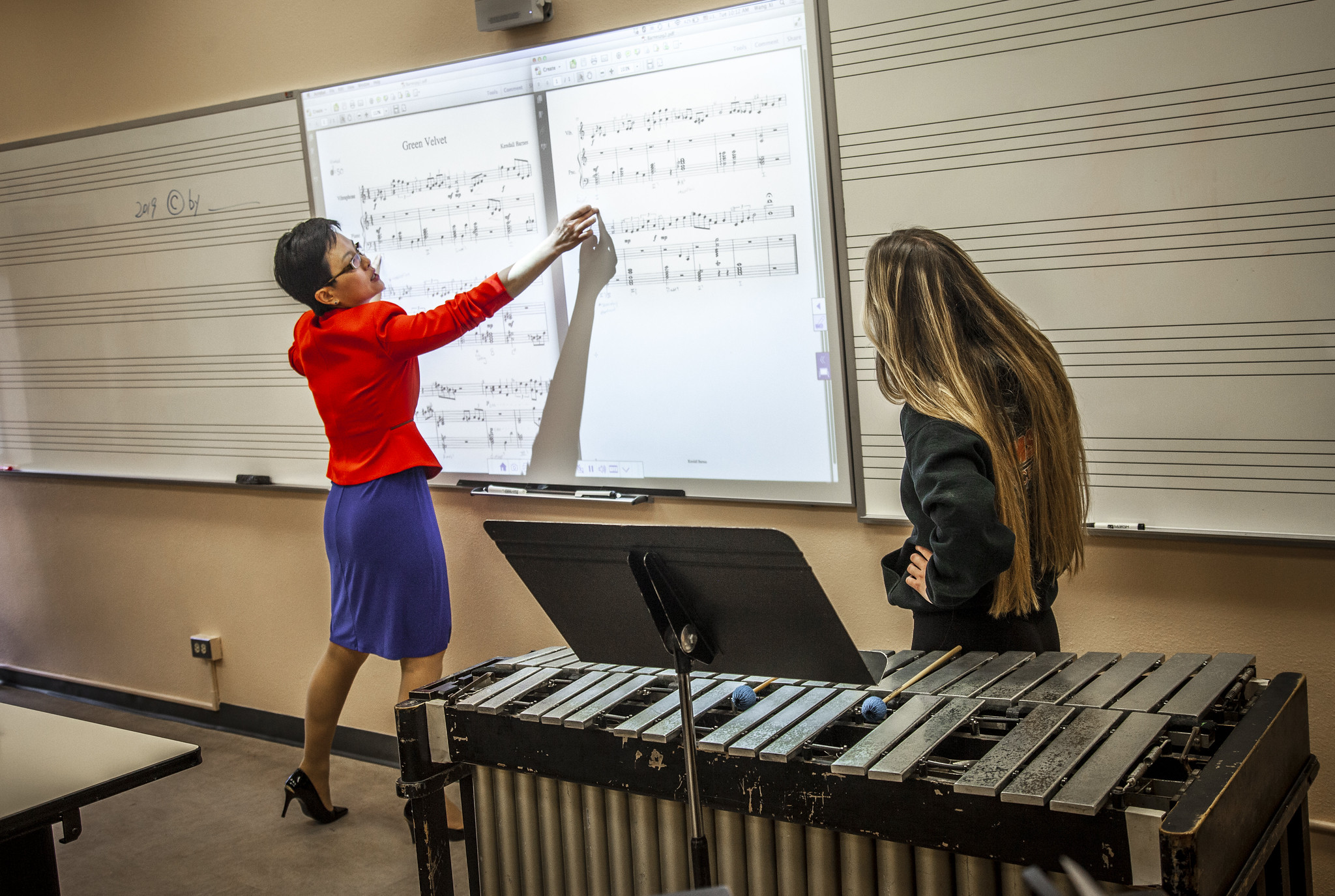 A professor in the department of Music at SMU Meadows teaches a student in the Music Composition degree program.