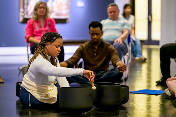 SMU B.A. in Music Therapy students collaborate with the Meadows Museum to host a singing bowl meditation.