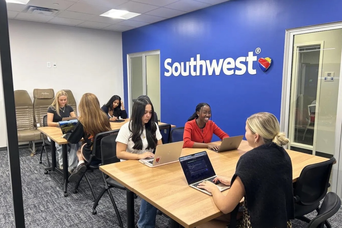 Students studying in the Southwest Lounge work on their degree in public affairs.