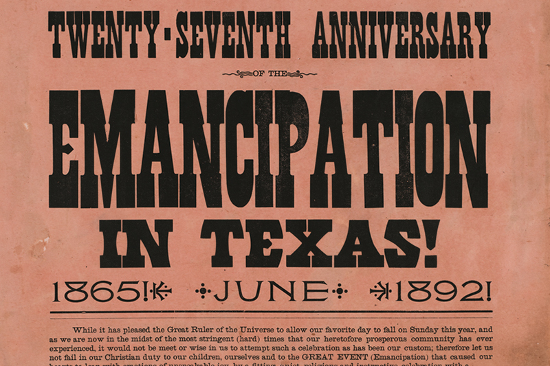 Historic peach-colored poster announcing the “Twenty-Seventh Anniversary of the Emancipation in Texas.” Large bold lettering celebrates emancipation and marks the years 1865 and 1892. The poster advertises a Juneteenth celebration on Sunday, June 19, 1892, at Market Hall in Corpus Christi, Texas, and includes a message honoring freedom and inviting a Union Meeting of the Entire Colored People of the Section.