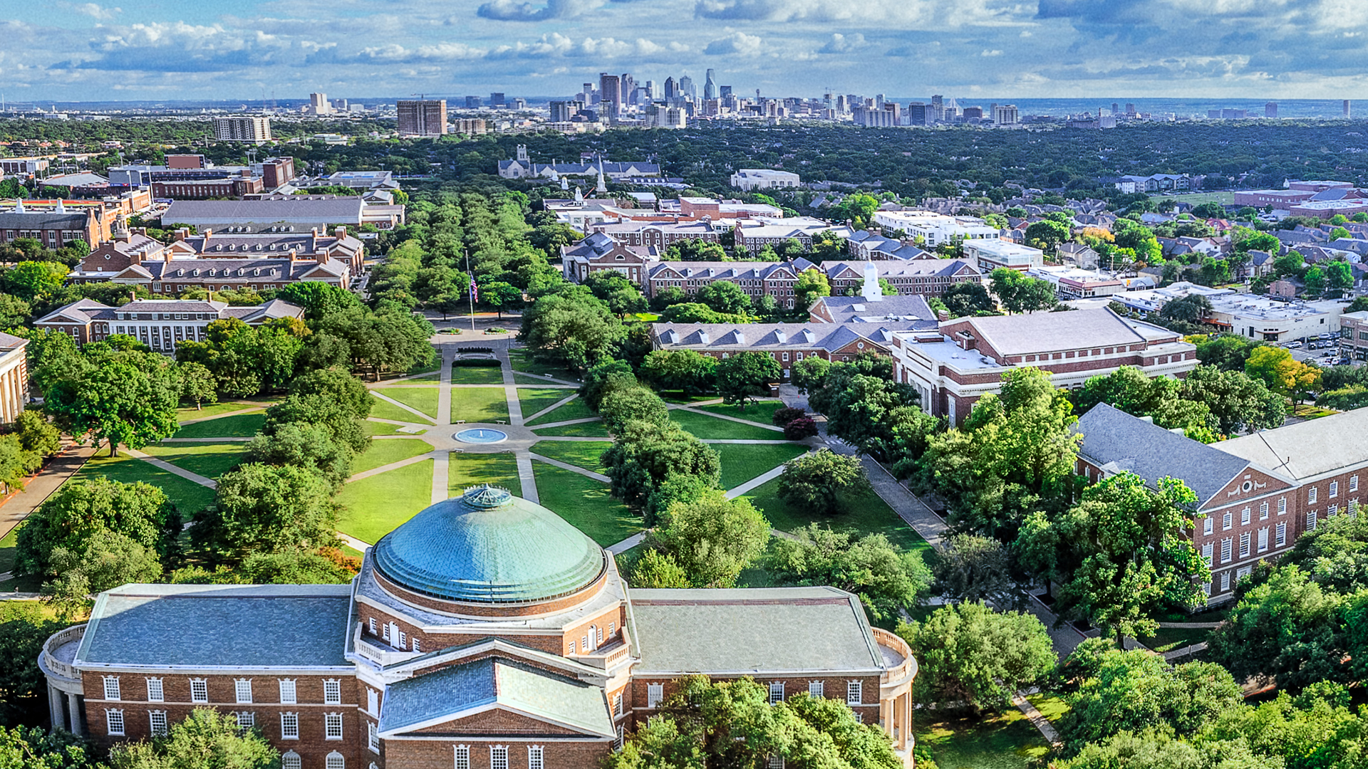 Dallas Hall Main Quad with the Dallas Skyline