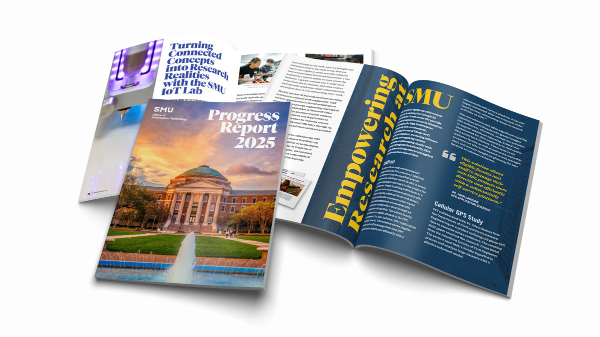 multiple spreads of a magazine layer out on top of each other with one closed with SMU's iconic Dallas Hall on the cover