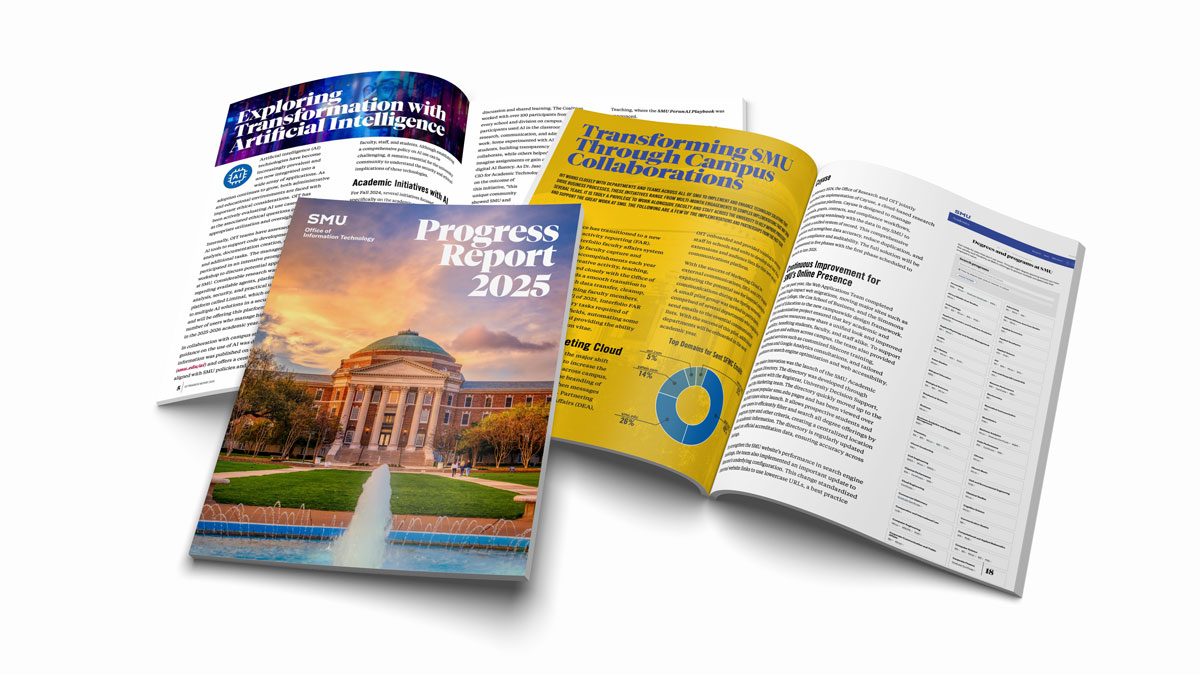 multiple spreads of a magazine layer out on top of each other with one closed with SMU's iconic Dallas Hall on the cover