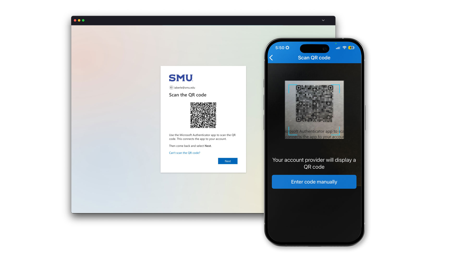 A mobile device scans the QR Code on a screen using the Authenticator app