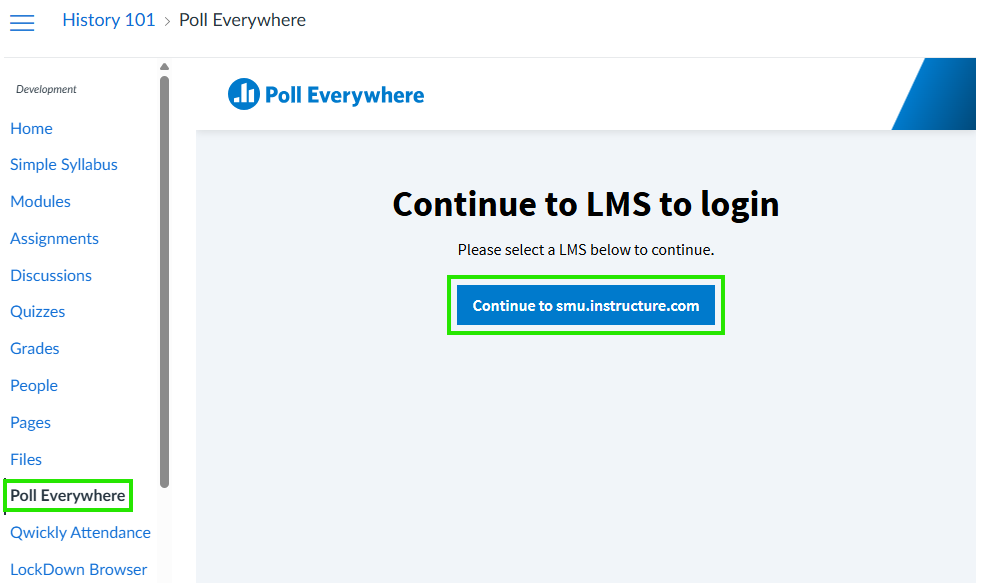 A screenshot of the Poll Everywhere link within Canvas LMS.