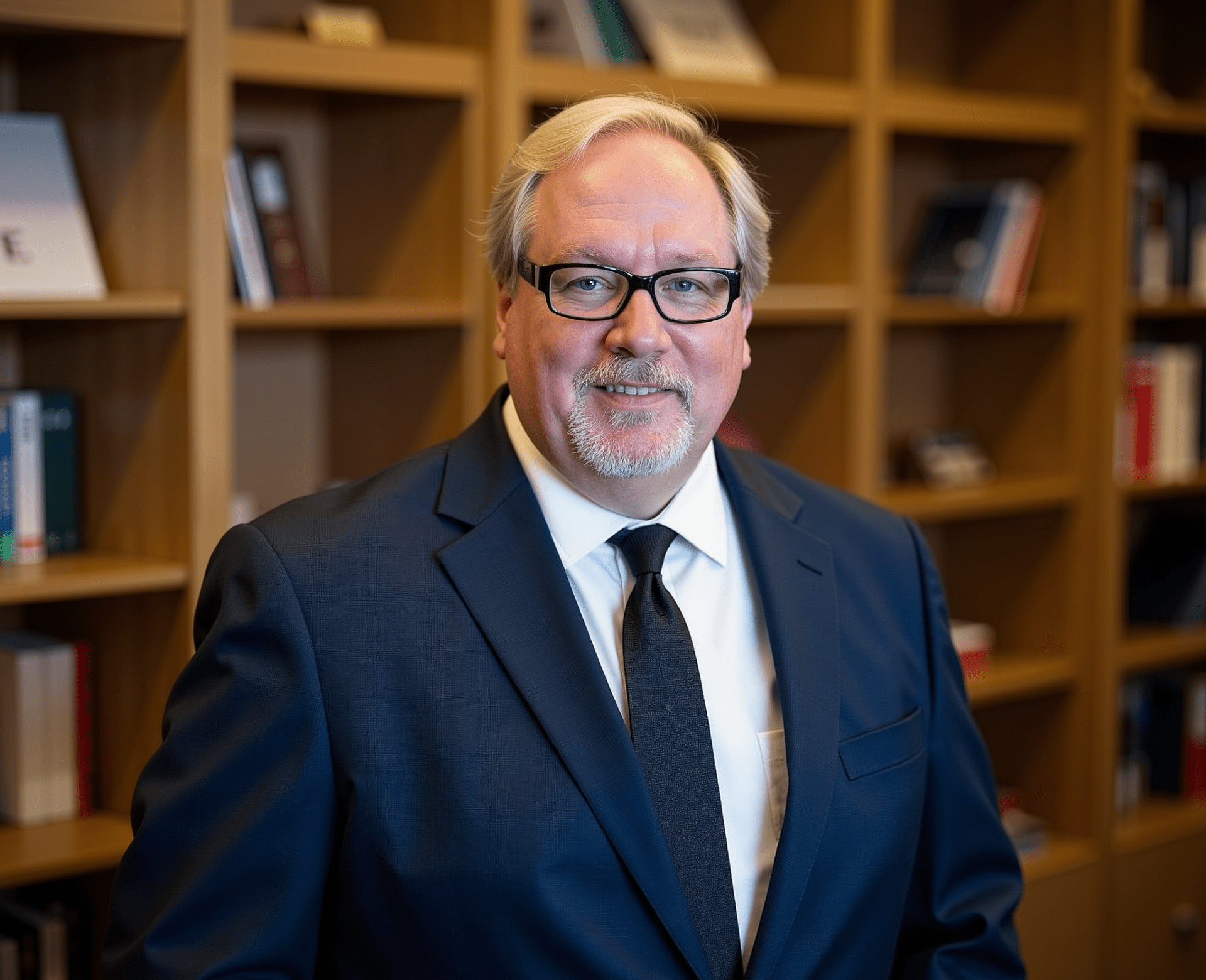 Bryan P. Stone standing in front of booksleves in a blue sute and tie with a white shirt.