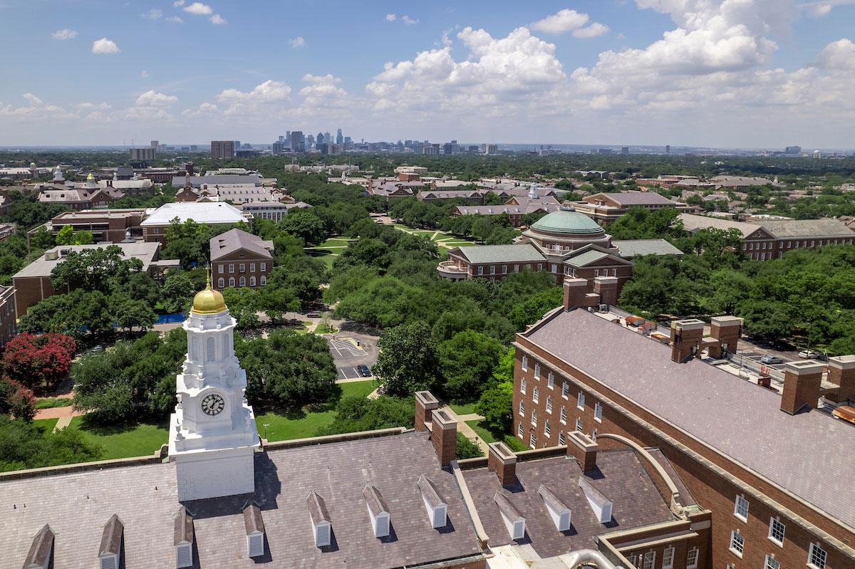 Dallas Hall Campus Aerial Panorama With Dallas Skyline