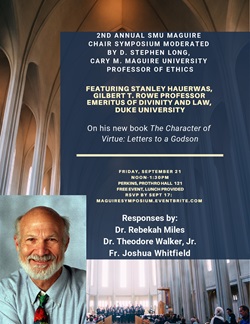 Flyer advertising Maguire Symposium featuring Stanley Hauerwas