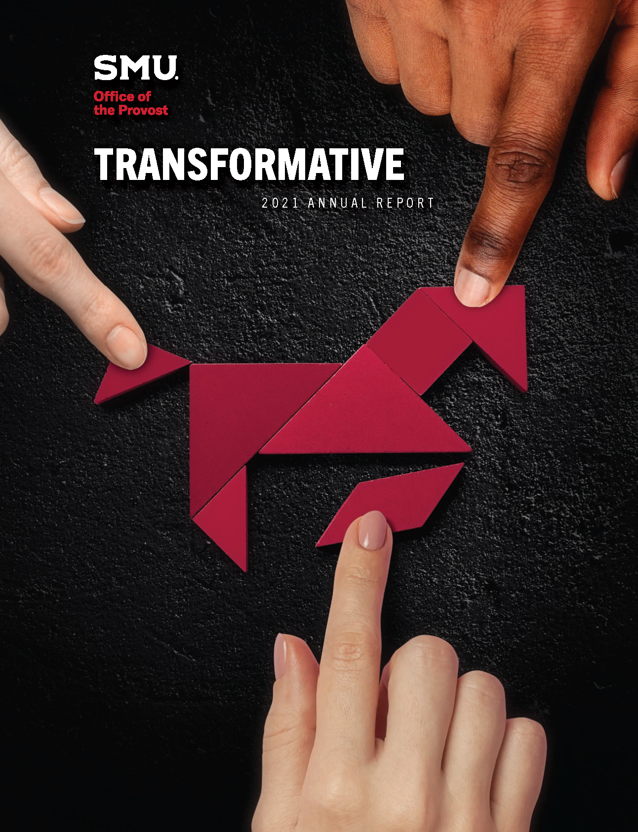 Cover of 2021 Annual Report with a red tangram pony on a black background and the title Transformative.